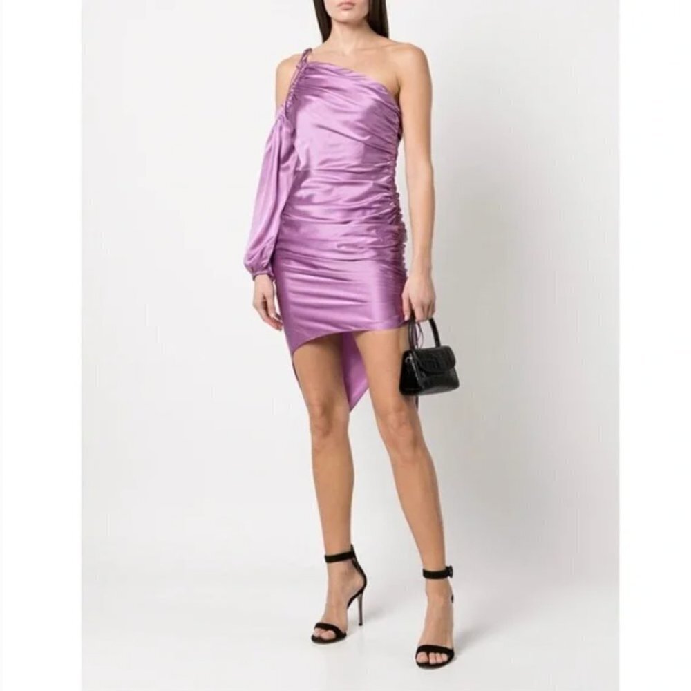 NEW Cinq A Sept 100% Silk Lavender One Shoulder Ruched Asymmetric Dress